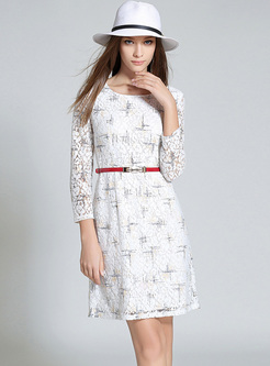 White Lace Print Hollow A-line Dress