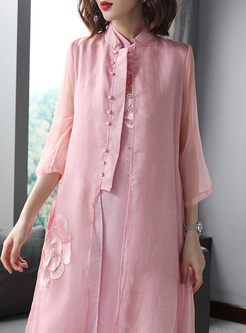 Pink Elegant Embroidery Loose Coat