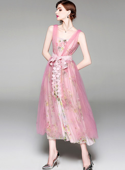 Print High Waist Slip Dress & Mesh Belted Kimono