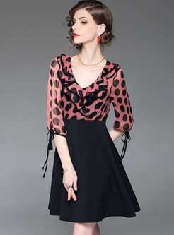 Dot Print V-neck Contrast Color A-line Dress