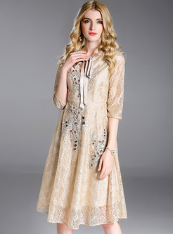 Apricot Embroidered Bowknot Lace Skater Dress