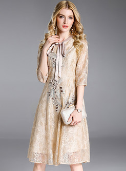 Apricot Embroidered Bowknot Lace Skater Dress