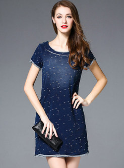 Blue Hole Short Sleeve Denim A-line Dress
