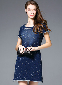 Blue Hole Short Sleeve Denim A-line Dress