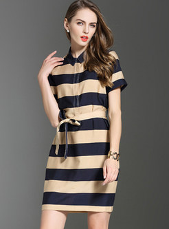 Brief Striped Belted Lapel A-line Dress