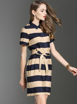 Brief Striped Belted Lapel A-line Dress