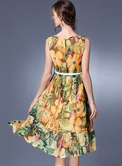 Chiffon Floral Print Belted Sleeveless Skater Dress