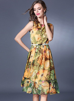 Chiffon Floral Print Belted Sleeveless Skater Dress