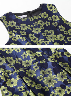 Stylish Jacquard Gathered Waist Sleeveless A-line Dress