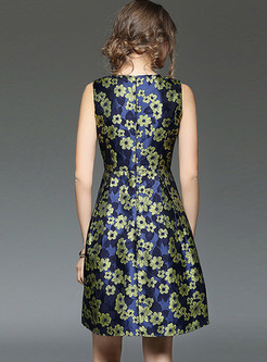 Stylish Jacquard Gathered Waist Sleeveless A-line Dress