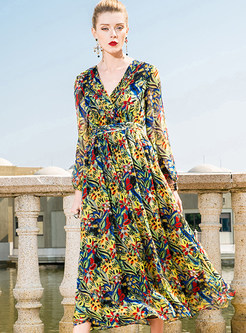 Floral Print V-neck Loose Silk Shift Dress