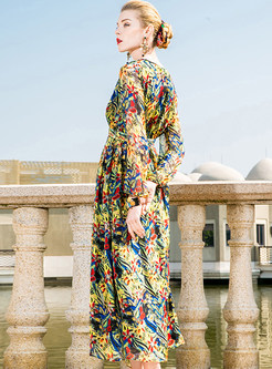Floral Print V-neck Loose Silk Shift Dress