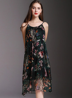 Black Sexy Floral Print Sleeveless Slip Dress