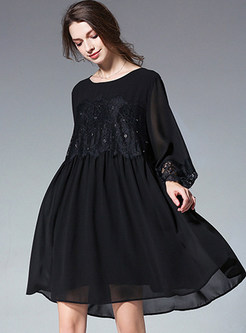 Black Lace Splicing Chiffon Shift Dress