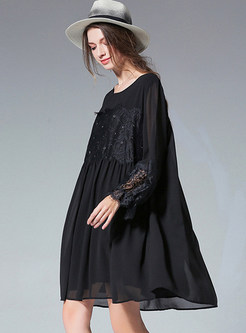 Black Lace Splicing Chiffon Shift Dress