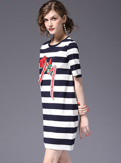 Striped Embroidered Short Sleeve T-shirt Dress