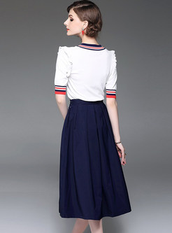 Short Sleeve V-neck Knitted T-shirt & Big Hem A-line Skirt