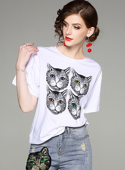 White Cats Print Loose T-shirt