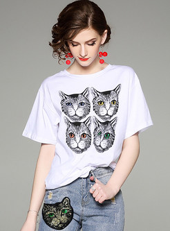 White Cats Print Loose T-shirt