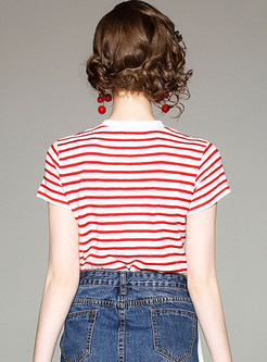 Stylish Striped Embroidered Short Sleeve T-shirt