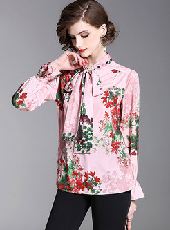 Pink Floral Print Flare Sleeve Blouse