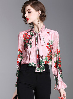 Pink Floral Print Flare Sleeve Blouse