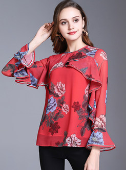 Red Flare Sleeve Splicing Floral Print Blouse