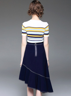 Striped Short Sleeve T-shirt & Asymmetric Hem Denim Skirt