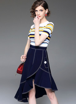 Striped Short Sleeve T-shirt & Asymmetric Hem Denim Skirt