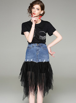 Nail Bead T-shirt & Asymmetric Mesh Skirt