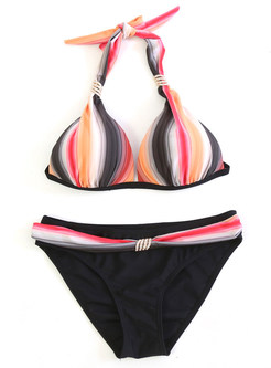 Striped Hit Color Halter Neck Bikini