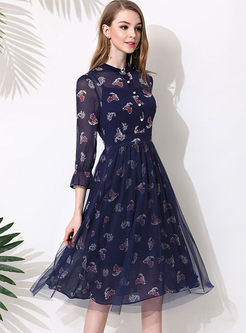 Turn Down Collar Chiffon Floral Print Dress