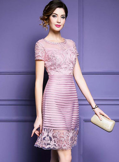 Pink Mesh Embroidered Short Sleeve A-line Dress