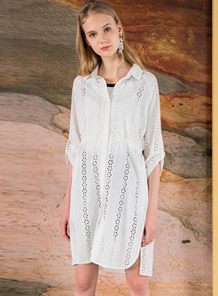 White Lapel Hollow Shirt Dress