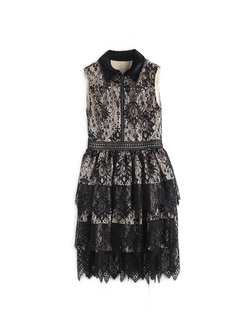 Black Lapel Lace A-line Dress