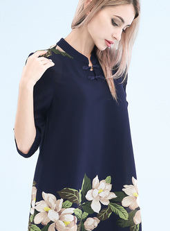 Ethnic Flower Print Stand Collar Shift Dress