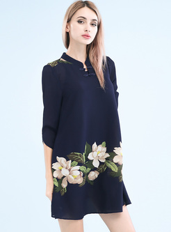 Ethnic Flower Print Stand Collar Shift Dress