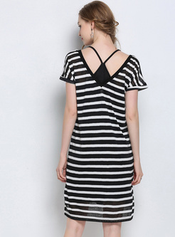 Black V-neck Striped T-shirt Dress