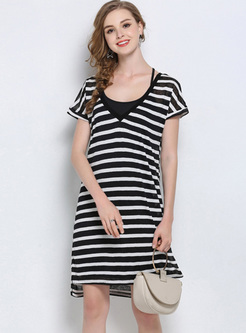 Black V-neck Striped T-shirt Dress