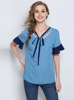 Blue Flare Sleeve Tied Blouse