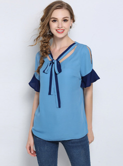 Blue Flare Sleeve Tied Blouse