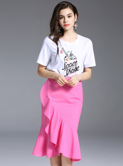 Letter Print T-shirt & Pink Mermaid Skirt