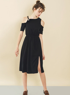 Black Off Shoulder Split A-line Dress