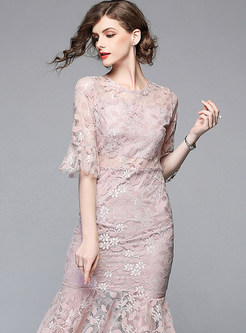Sexy Perspective Falbala Embroidered Lace Mermaid Dress