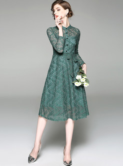 Green Hollow Out Lace A-line Dress