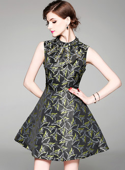 Nail Bead Jacquard Sleeveless A-line Dress