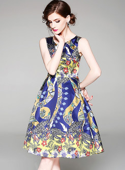 Ethnic Print Sleeveless A-line Dress