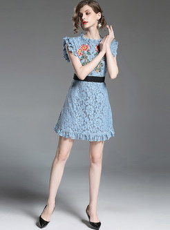 Blue Sleeveless Falbala Lace A-line Dress