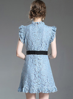 Blue Sleeveless Falbala Lace A-line Dress