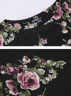 Chiffon Floral Print O-neck Waist Skater Dress